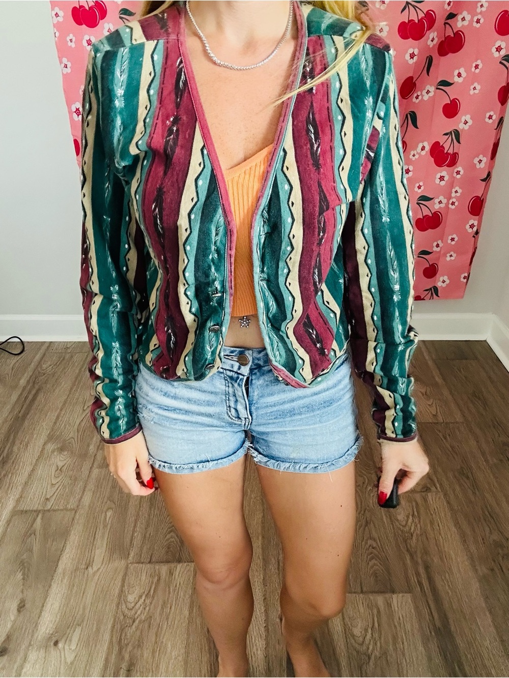 Vintage-Inspired Striped Open Cardigan - Green & Burgundy